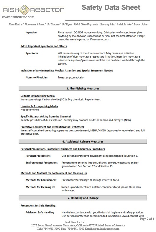 Safety Data Sheet 105001 Yellow Green FLT UV Tracer Dye Fluorescent Powder